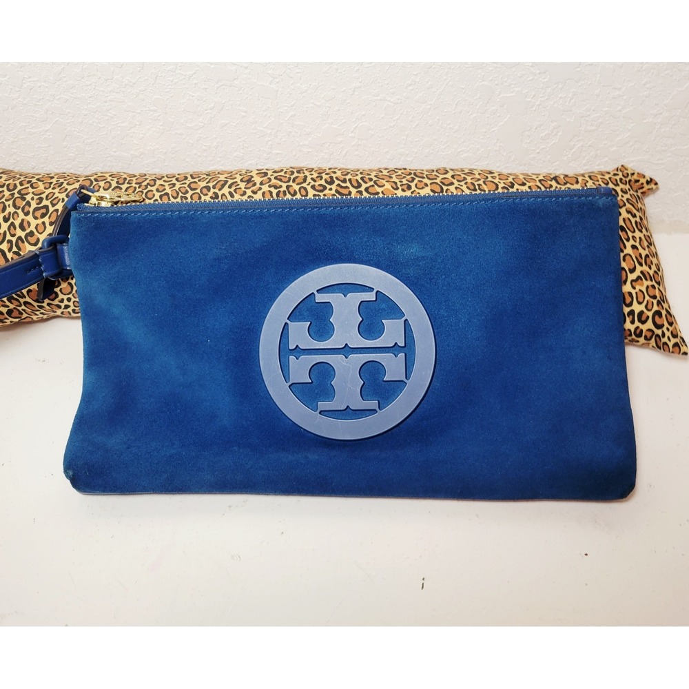Tory Burch Blue Suede Leather Charlie Clutch Zip Bag Has some Flaws